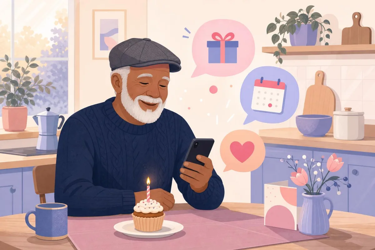 An older man with a grey beard smiles at his phone over a cupcake with a candle, surrounded by chat bubbles with a gift and a calendar