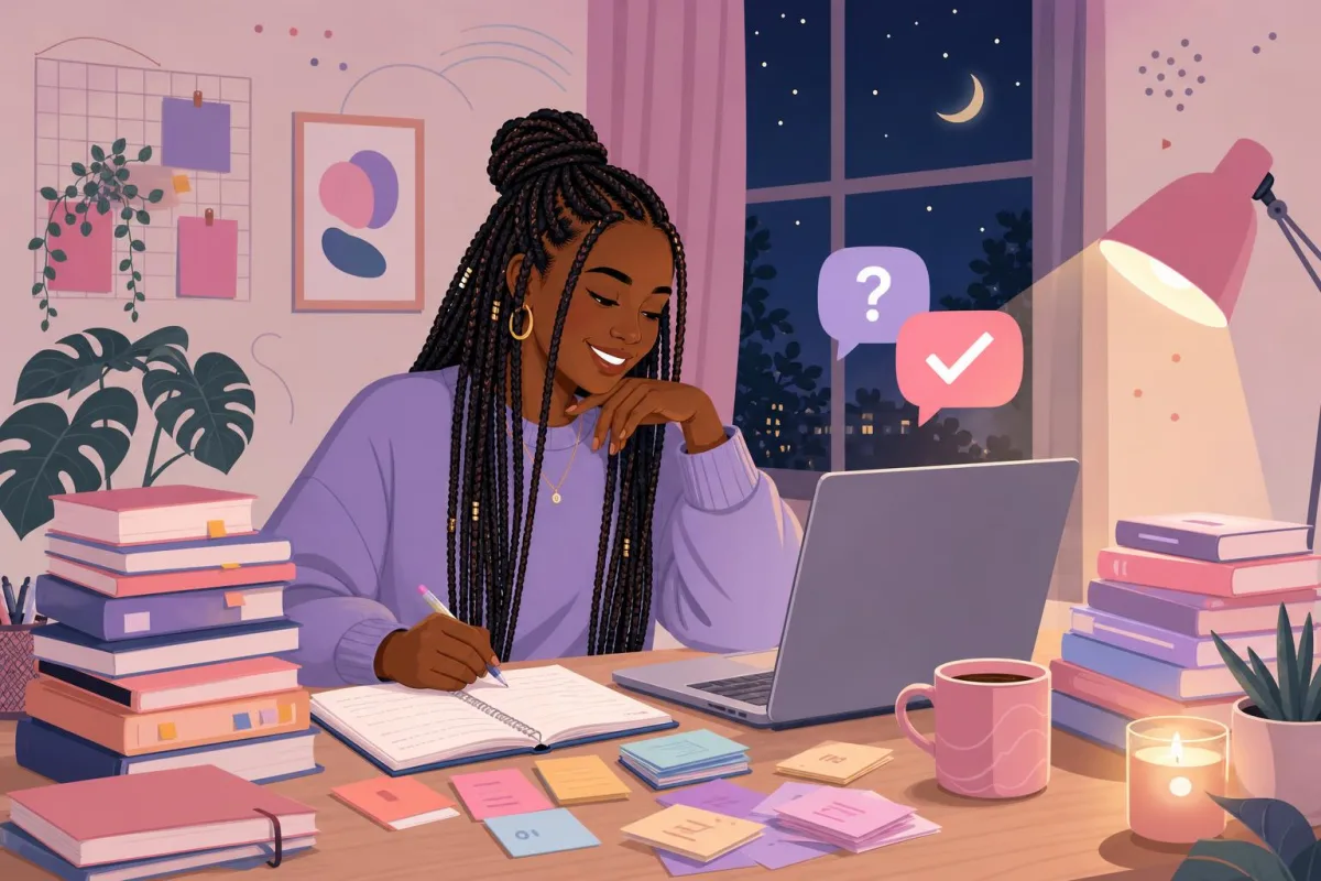 Joven con trenzas estudia de noche en un escritorio lleno de libros y tarjetas, con un bocadillo de chat junto al portátil