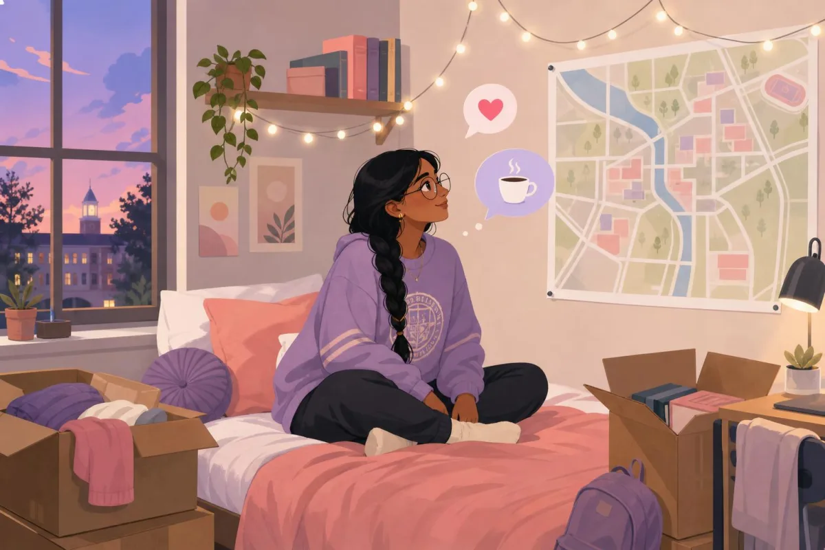 Joven con gafas y sudadera universitaria demasiado grande sentada en una habitación de residencia entre cajas, mirando un mapa del campus
