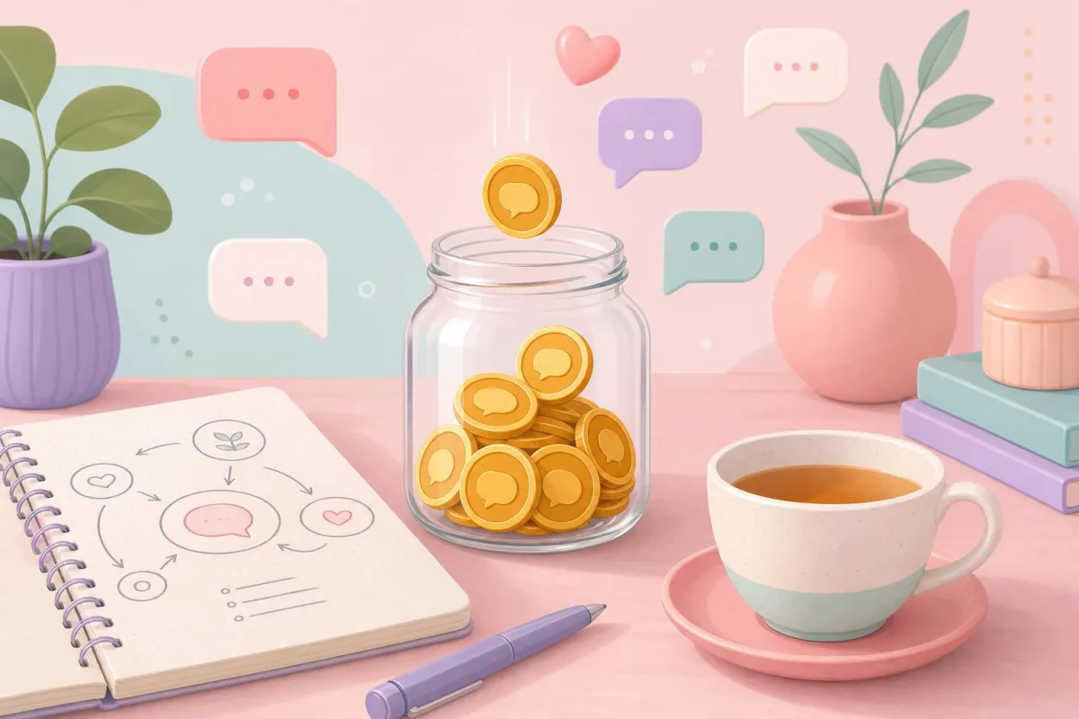 Un bocal en verre sur un bureau se remplit de pièces dorées avec de petites bulles de chat, à côté d’un carnet et d’une tasse de thé