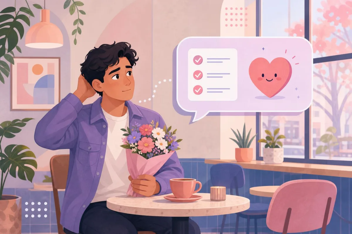 A person waits at a table in a cosy café with a coffee and a phone, glancing towards the door with a nervous smile
