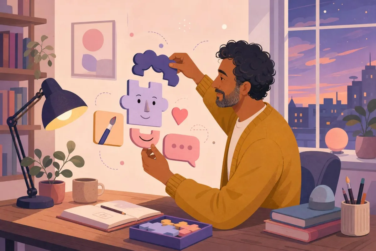 Hombre de pelo rizado y barba arma en su escritorio un personaje con piezas de puzle pastel: peinado, sonrisa, corazón y bocadillo de chat