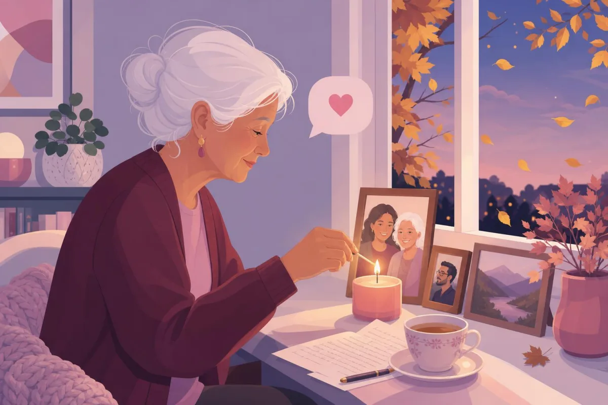 An older woman in a burgundy jumper lights a candle on a windowsill beside framed photos and a letter, autumn leaves outside