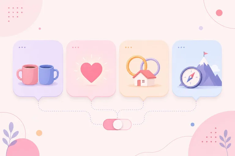 Four chat bubbles with icons: two mugs, a heart, rings with a little house and a compass with a mountain, above a toggle