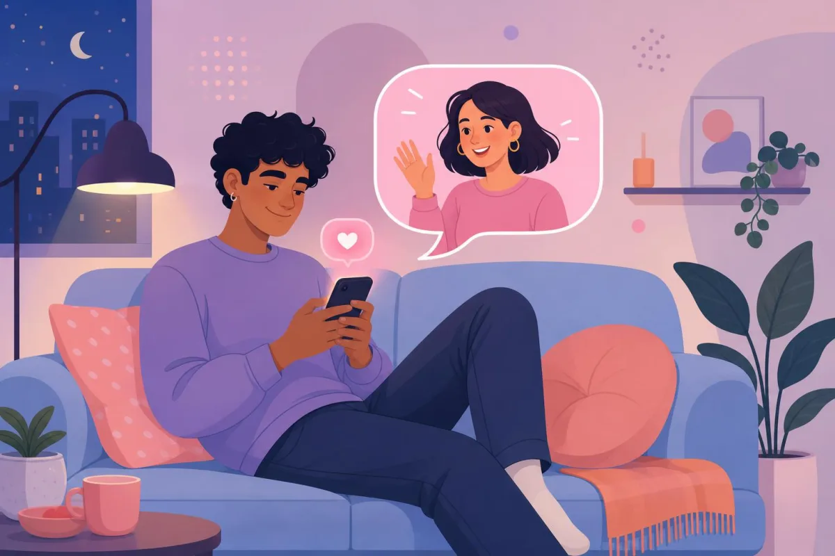 Pessoa enrolada em uma manta sentada no sofá à noite com uma xícara de chá, sorrindo para o celular